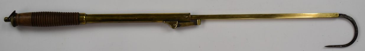 19th/20thC brass and ribbed mahogany extendable fishing gaff, L43, extended 73cm