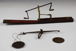 Pair of folding guinea scales, length 15cm together with a pair of hanging beam scales
