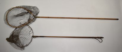 Two landing nets, one hooped Mr Craptree style with whole cane handle marked Hardy Bros Alnwick, the