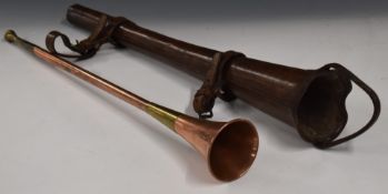 Vintage large leather saddle case for post horn, with copper and brass horn, L62cm