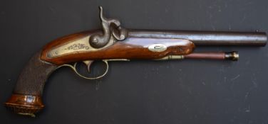 Belgian percussion hammer action target pistol with engraved lock, top plate, hammer, trigger