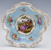 Dresden shaped pedestal dish with pierced handle, decorated with a Watteau scene, H6 x D26cm