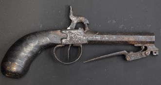 Belgian percussion hammer action pocket pistol with sprung bayonet, trigger guard bayonet release,