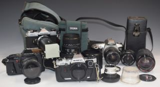 SLR cameras, lenses and accessories to include Olympus OM10 body, Fujica AZ-1 with slide duplicator,