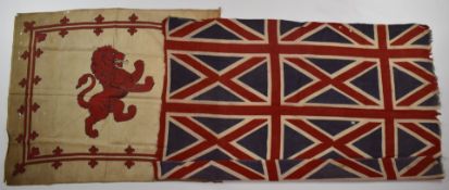 Two vintage flags, one with lion rampant 64cmx60cm, the other with Union Flag pattern, 94 x 62cm