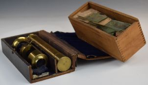 Photographic curiosity Victorian or early 20thC microscope slides, cased field microcope and a small