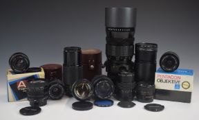 Ten SLR camera lenses comprising Pentacon 4/300, Automax 1:4.5 f=80-200mm, Sigma UC zoom 35-135mm