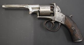 Webley style 80 bore five shot semi-hammerless percussion revolver with line engraved frame,