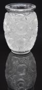 Lalique Bagatelle frosted and clear glass vase decorated with birds amongst foliage, signed to