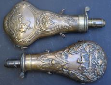 Two James Dixon & Sons copper and brass powder flasks both with suspension loops and embossed