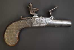 French flintlock pocket pistol with engraved lock, folding trigger, chequered grip, thumb slide