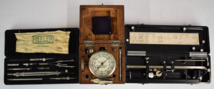 Wooden cased speed indicator or rev counter, Allbrit Planimeter and a cased Riefler drawing set