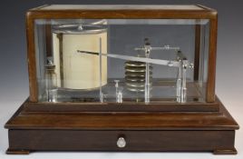 19thC or early 20thC barograph with seven chamber bellows, under a bevelled glass and mahogany