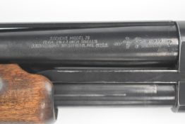 Stevens Model 79 12 bore three shot pump action shotgun with engraved scenes of birds to the