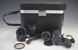 Camera lenses, accessories, films etc in hard case including Cosina auto MC F = 2.8 135mm, Hanimar