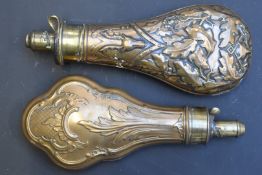 Two G&JW Hawksley copper and brass powder flasks, both with embossed decoration to both sides, one