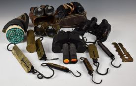 Binoculars and scales to include Ross 10 x 40 Solaross and Dollond London examples, gas mask dated