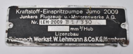 German Junkers aircraft engine identification plate