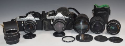 Pentax cameras and lenses, comprising two ME Super cameras and Pentax-M 1:1.7 50mm, 1:2 50mm, 1:3.