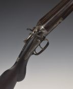 Brandon 12 bore side by side hammer action shotgun with engraved scenes of birds to the locks,