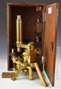 Powell & Lealand Victorian brass microscope, with screw x and y adjustment as well as a rotary