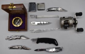 Vintage Shakespeare Medalist multiplier fishing reel, Kershaw knife with multiple blades, further