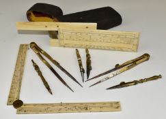 19thC brass, steel and ivory draughtsman's set including folding rule and dividers, in a shagreen
