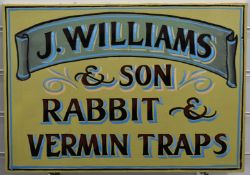 Wooden painted sign for J Williams & Son Rabbit & Vermin Traps of Wednesfield, L54 x W38cm
