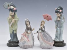 Four Lladro figurines comprising two Japanese ladies and two girls with parasols, tallest 30cm,