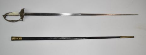 French hallmarked silver presentation sword with mother of pearl grip, ornately decorated knuckle