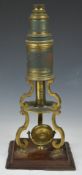Lynch Dublin19thC brass Culpeper type microscope on wooden base, height 35cm