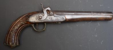 Percussion hammer action pistol with eastern script impressed to the lock, engraved lock, hammer,