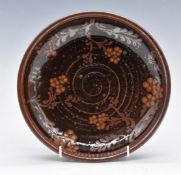 John Calver studio pottery pedestal bowl with foliate decoration, diameter 23, H6cm