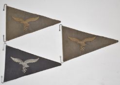 Three reproduction German Nazi Third Reich Luftwaffe car/vehicle cloth pendants/flags on metal