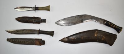 Kukri knife with 31cm blade and sheath together with two hunting knives and sheaths. PLEASE NOTE ALL