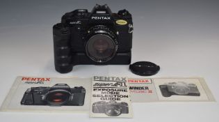 Pentax Super A 35mm SLR camera with 1:1.7 50mm lens, MEII winder and booklets