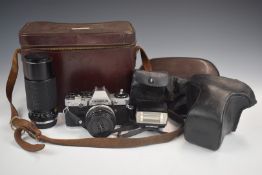 Olympus OM10 35mm SLR camera with f=50mm 1:1.8 and 80-120mm 1:4.5 lenses and accessories
