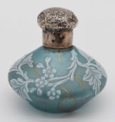 Thomas Webb or similar cameo glass scent bottle with decoration of flowers and foliage over a blue