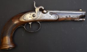 Unnamed percussion hammer action pistol with engraved steel lock, hammer, trigger guard, butt
