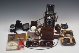 Rolleiflex 3.5E TLR camera, serial number 1773872, together with tripod mount, lens hood, filters,