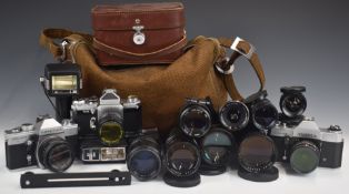 Three SLR cameras, lenses and accessories to include Edixa-mat Kadette with 1:2.8/50 lens,