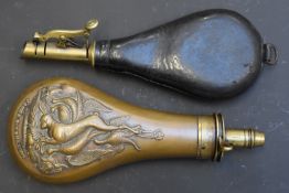 Two shot and powder flasks, a James Dixon and Sons copper and brass example with embossed scene of