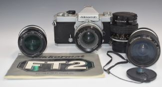 Nikkormat FT2 35mm SLR camera, with 28mm 1:3.5, 50mm 1:2, 55mm 1:2.8 and 43-86mm 1:3.5 lenses