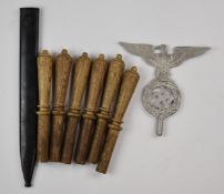 Six wooden socket bayonet handles of various sizes together with a post WW1 M98/05 German bayonet