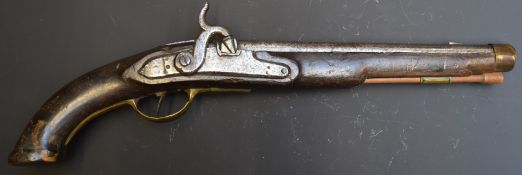 Unnamed percussion converted from flintlock hammer action holster pistol with brass trigger guard