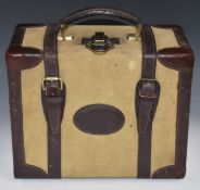 Leather bound canvas shotgun cartridge magazine or case with brass fittings and felt lined interior,