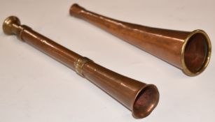 Two brass hunting horns, one inscribed Windmill Rally, Gloucester 1967