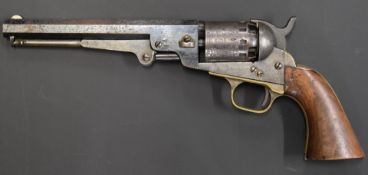Manhattan Navy .36 five-shot single-action revolver with brass trigger guard and grip strap,
