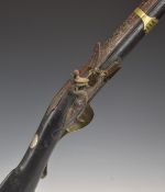 Martinoni Italian 18 bore flintlock gun with named lock, engraved brass scrolling trigger guard