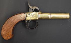 Unnamed percussion hammer action pocket pistol with engraved brass frame, vacant cartouche to the